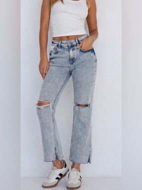 Mavi Maria High Rise Split Hem Flare Jeans 29/30 Light Wash Distressed Denim